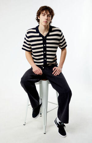 Stripe Open Knit Button Down Shirt image number 2