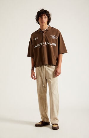 Cream Striped Straight Leg Linen Pants image number 6