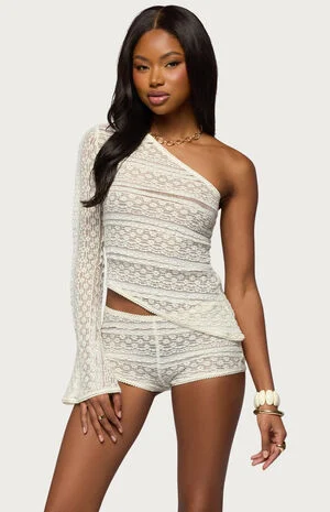 Yalena One Shoulder Sheer Lace Top image number 1