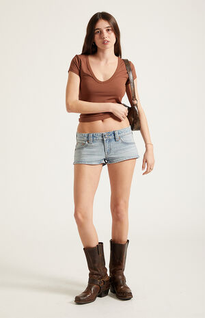 Tatum Ultimate Low Rise Denim Micro Shorts Stretch Button Pockets Light Blue image number 6