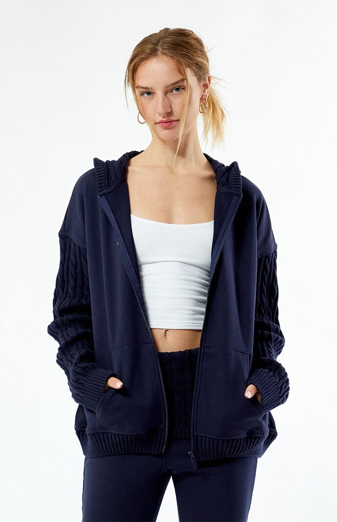 WEWOREWHAT Cable Knit Sleeve Zip Up Hoodie | PacSun