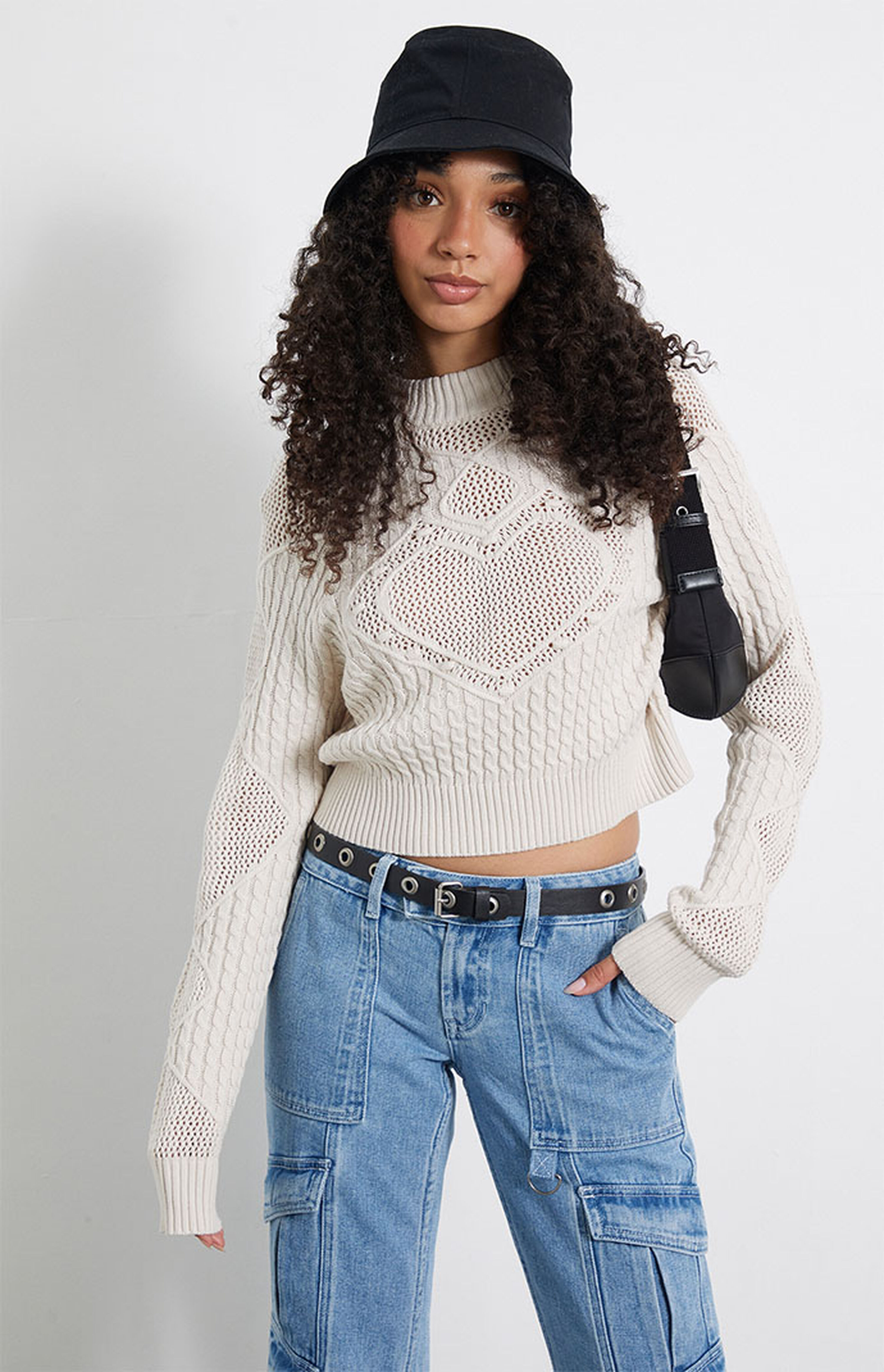 V Neck Long Sleeve Sweater With Plush Heart