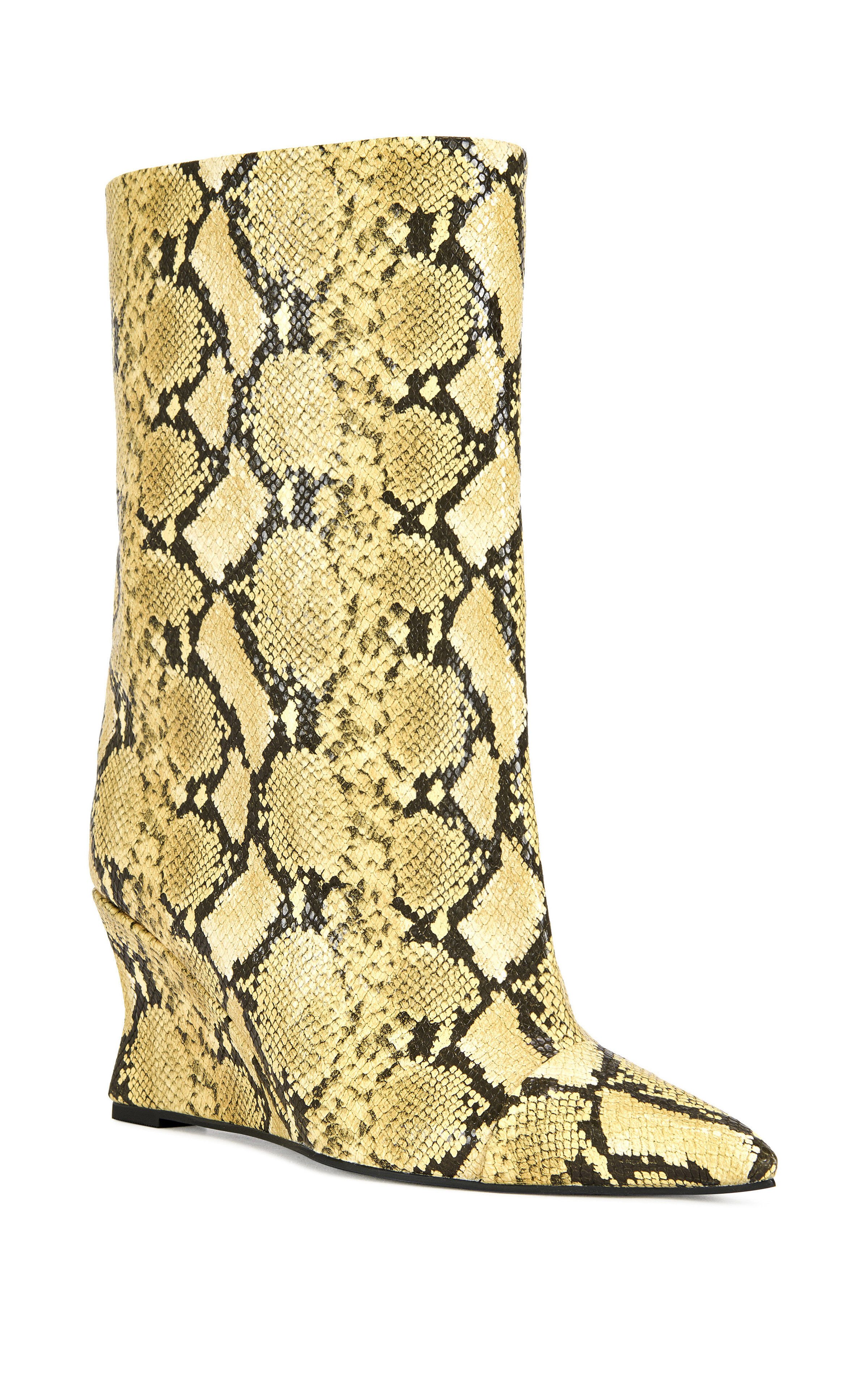 AZALEA WANG Women's Vinci Yellow Snake Wedge Booties