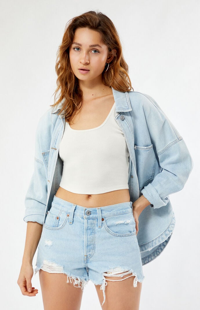 Levi s 501 Light Blue Frayed Denim Shorts PacSun