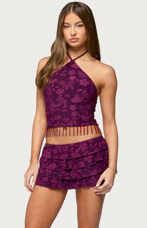 Keyla Bead Fringed Textured Halter Top image number 1