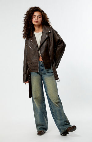 Brown Faux Leather Moto Jacket image number 4