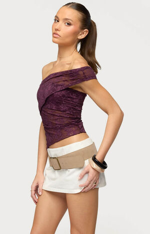 Asymmetric One Shoulder Sheer Lace Top image number 2