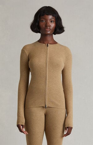 Women's Dune Signature Ribbed Knit Long Sleeve Zip Up Top image number 2
