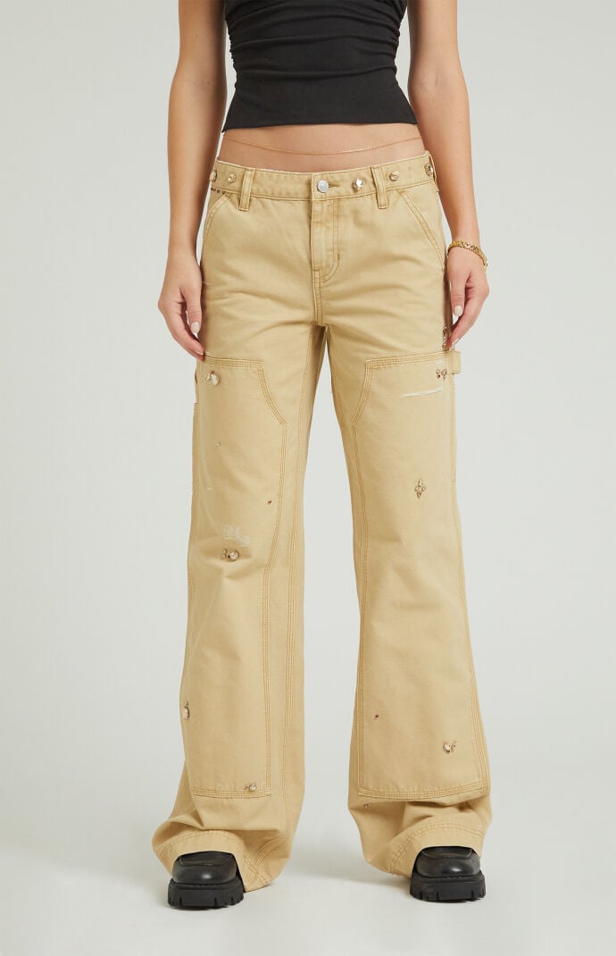 Pacsun Tan Rhinestone Low Rise Baggy Carpenter Pants | PacSun