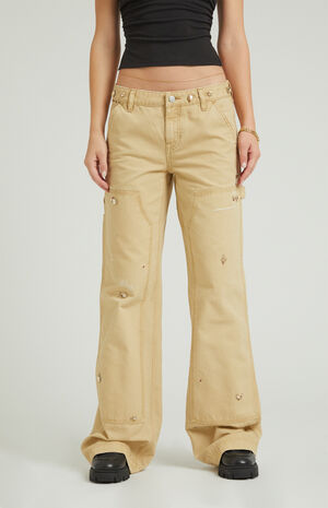 Tan Rhinestone Low Rise Baggy Carpenter Pants image number 1