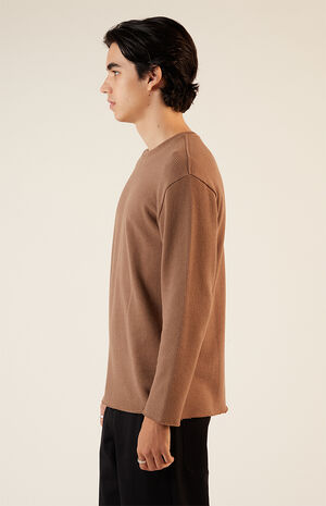 Solid Raw Hem Waffle Knit Long Sleeve T-Shirt image number 2