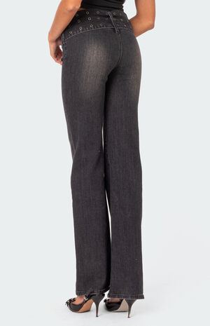 Buckle Belt Washed Flare Jeans image number 3