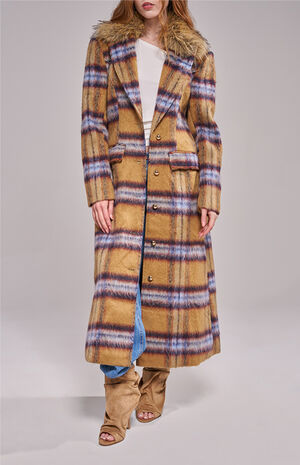Talora Tan Plaid Long Faux Fur Trench Coat image number 2
