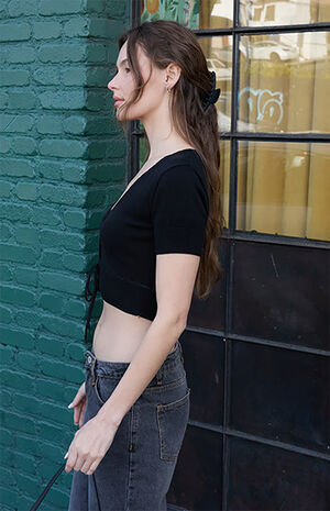 Black Scalloped Trim Short Sleeve Cardigan image number 3