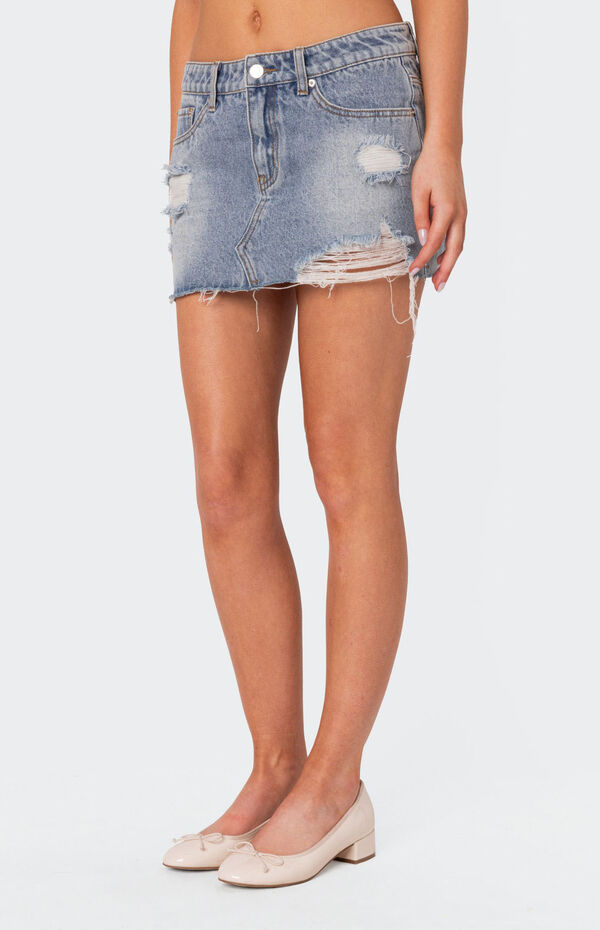 Edikted Ginnie Low Rise Distressed Denim Mini Skirt