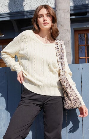 White Nikki V-Neck Cable Knit Sweater image number 2