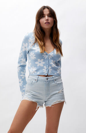 Eco Light Blue Distressed High Waisted Denim Festival Shorts image number 1