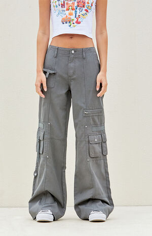 Dark Gray Low Rise Baggy Flare Cargo Pants image number 1