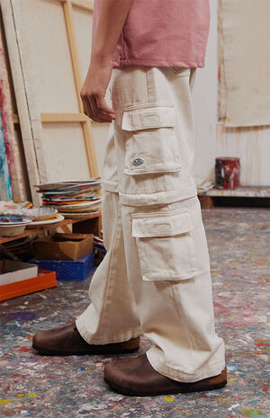 Cream Zip Off Baggy Cargo Jeans image number 3