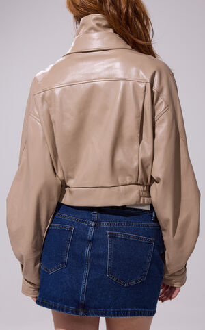Papoose Faux Leather Beige Cropped Jacket image number 4