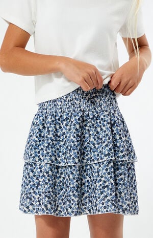Navy Floral Tiered Scrunch Mini Skirt
