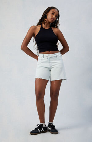 Eco Light Indigo Asymmetrical High Waisted Relaxed Jorts image number 5