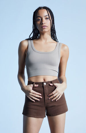 Brown Stretch High Waisted Denim Shorts image number 2