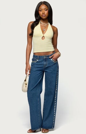 Maylah Keyhole Striped Textured Halter Top image number 5