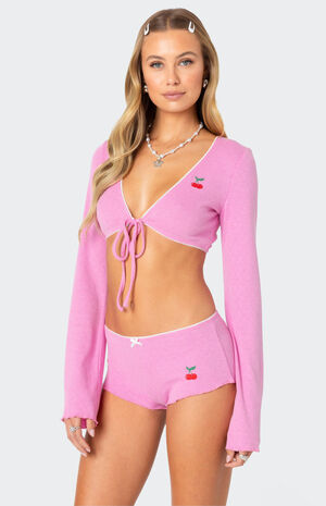 Cherrie Tie Front Pointelle Top image number 3