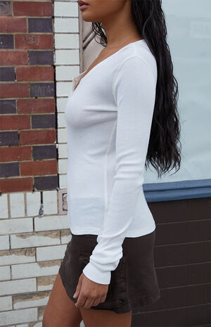 White Long Sleeve Henley Top image number 3