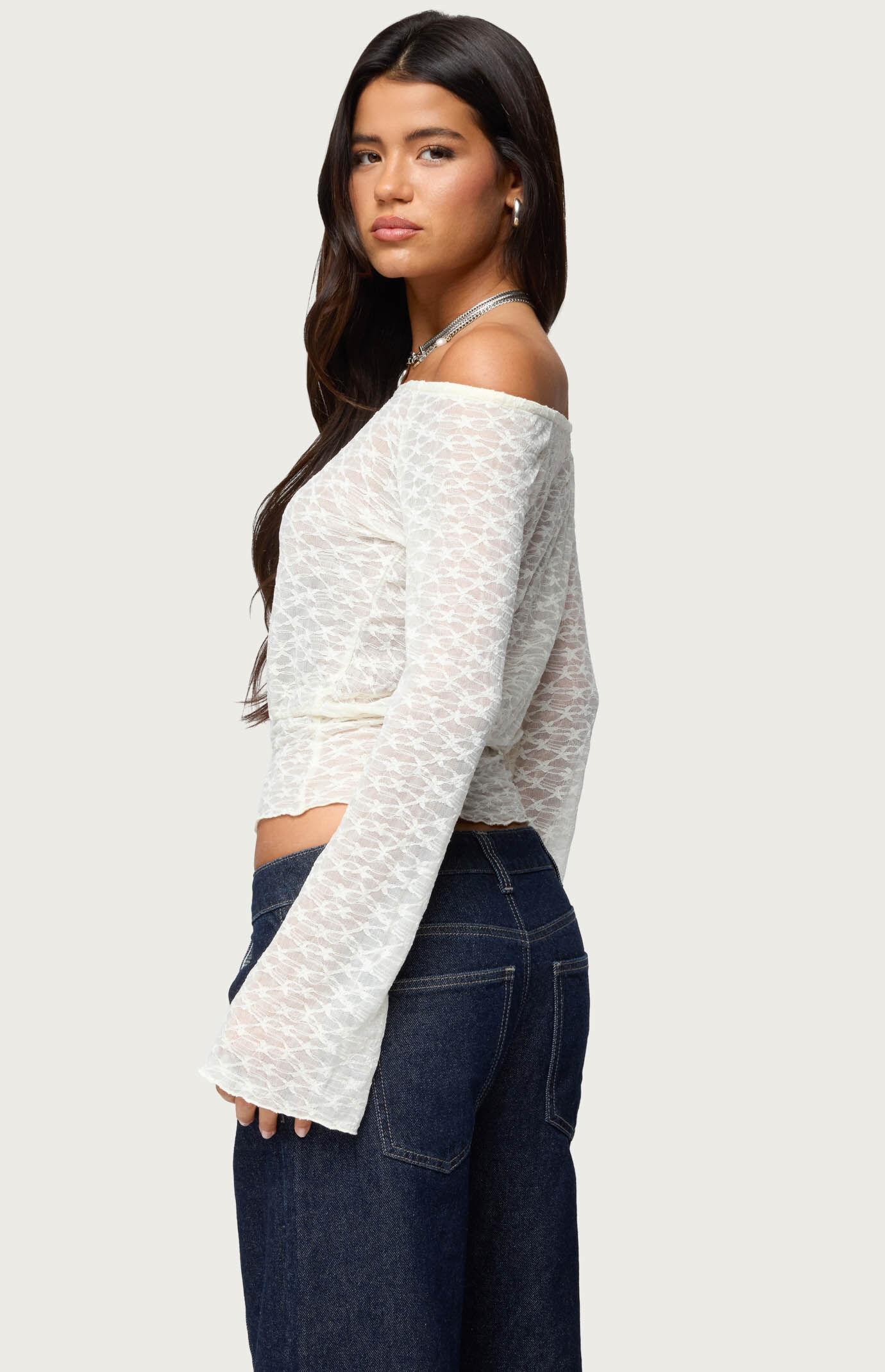Edikted Alef Sheer Lace Off Shoulder Top