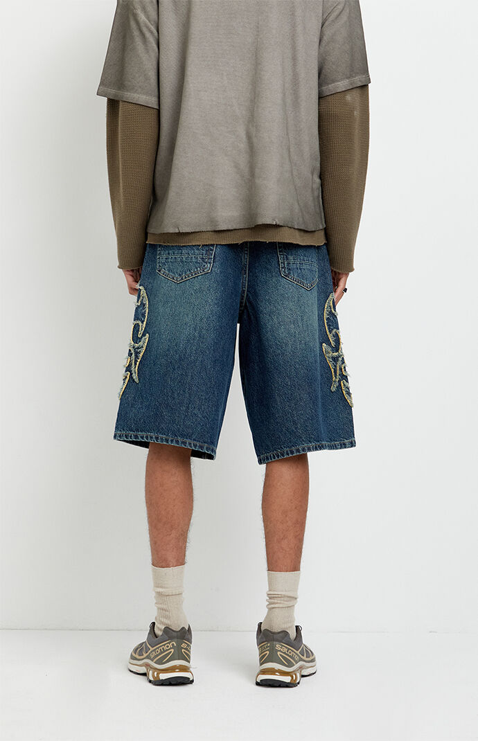 Pacsun Austin Extreme Baggy Jean Shorts Cyber Applique Dark Blue