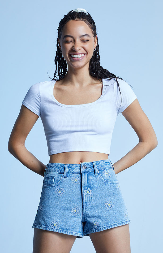 Eco Daisy Embroidered Denim Mom Shorts