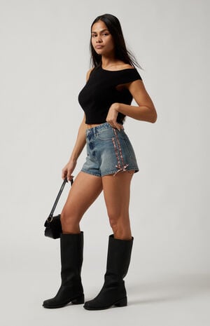 Cheetah Stripe High Waisted Denim Festival Shorts image number 5