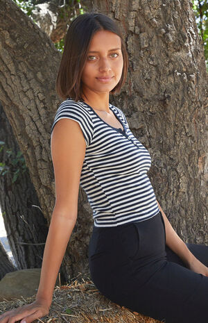 Blue & Grey Striped Zelly Henley Top image number 3