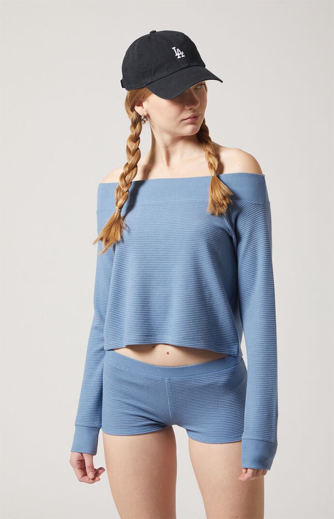 PAC 1980 Active Aspen Waffle Knit Off-The-Shoulder Sweatshirt
