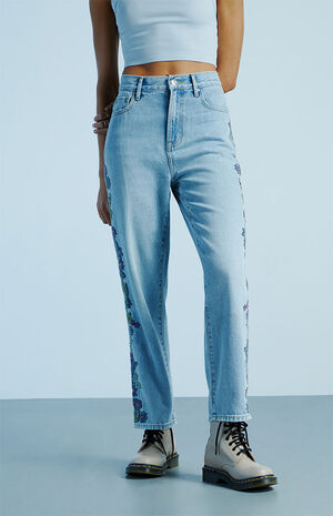 Eco Light Blue Embroidered High Waisted Straight Leg Jeans image number 2