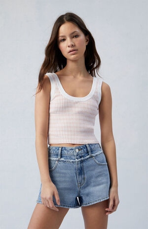 Eco Light Indigo Frayed High Waisted Denim Festival Shorts image number 1
