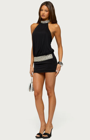 Backless Beaded High Neck Mini Dress image number 5