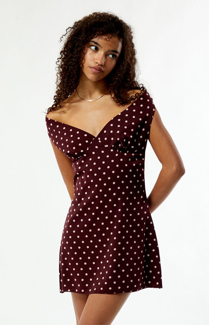 Beverly and Beck Grace Off-The-Shoulder Polka Dot Mini Dress