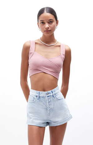 Eco Light Blue High Waisted Rolled Hem Denim Shorts image number 1