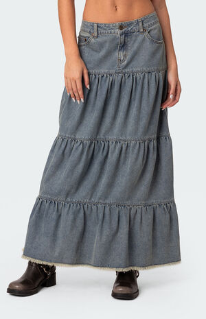 Countryside Tiered Washed Denim Maxi Skirt image number 1