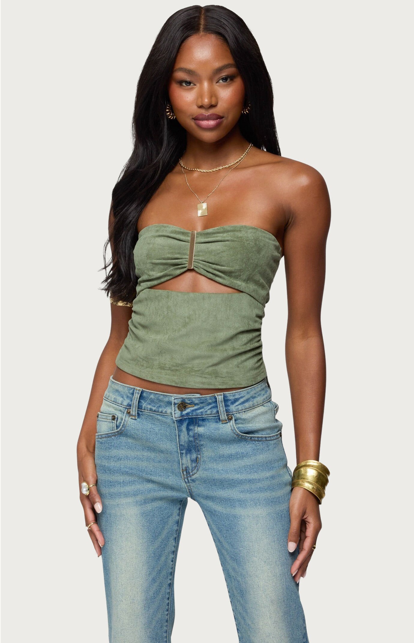 Edikted Kalina Cutout Faux Suede Strapless Top