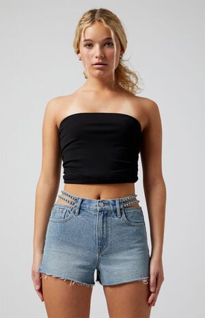 Medium Indigo Strappy Rhinestone High Waisted Denim Festival Shorts