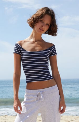 Blue Striped Mayson Off-The-Shoulder Top image number 1