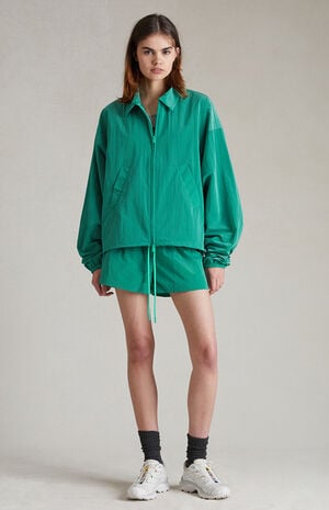 Women's Mint Leaf Crinkle Nylon Shell Bomber Jacket image number 6