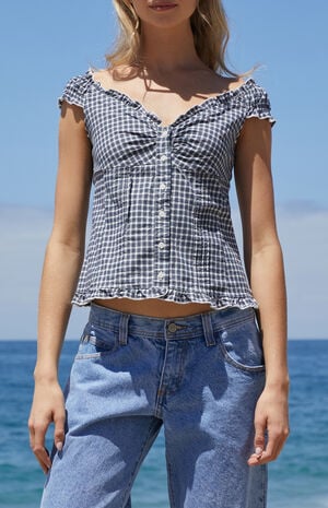 White & Blue Plaid Elena Top