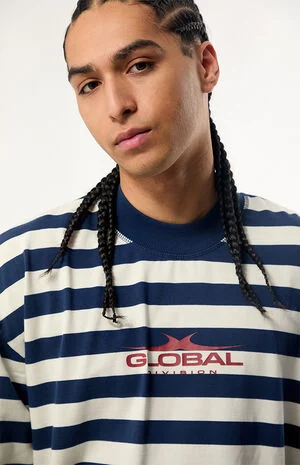 Blue Global Striped Heavyweight Cropped Long Sleeve T-Shirt image number 2