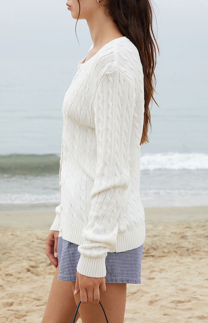 Ameri UND LOOSE CABLE KNIT CARDIGAN ホワイト CIDER Cardigan Sweater for Women V Neck Cable Knit Long
