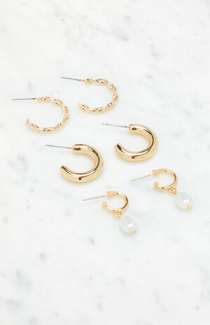 3 Pack Dainty Pearl Hoop Earrings image number 2